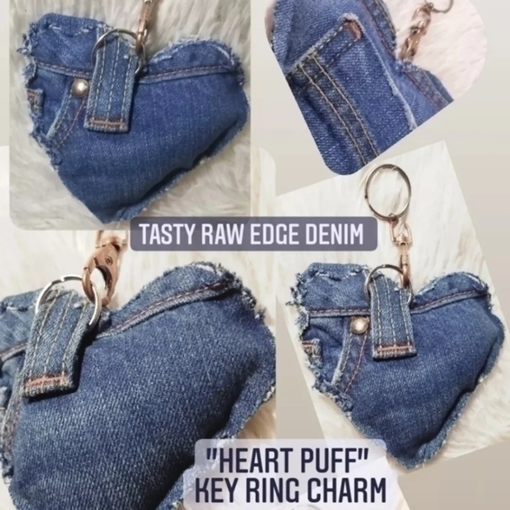 Tasty Raw Edge DenimTRED Heart Puff Key Ring Charm